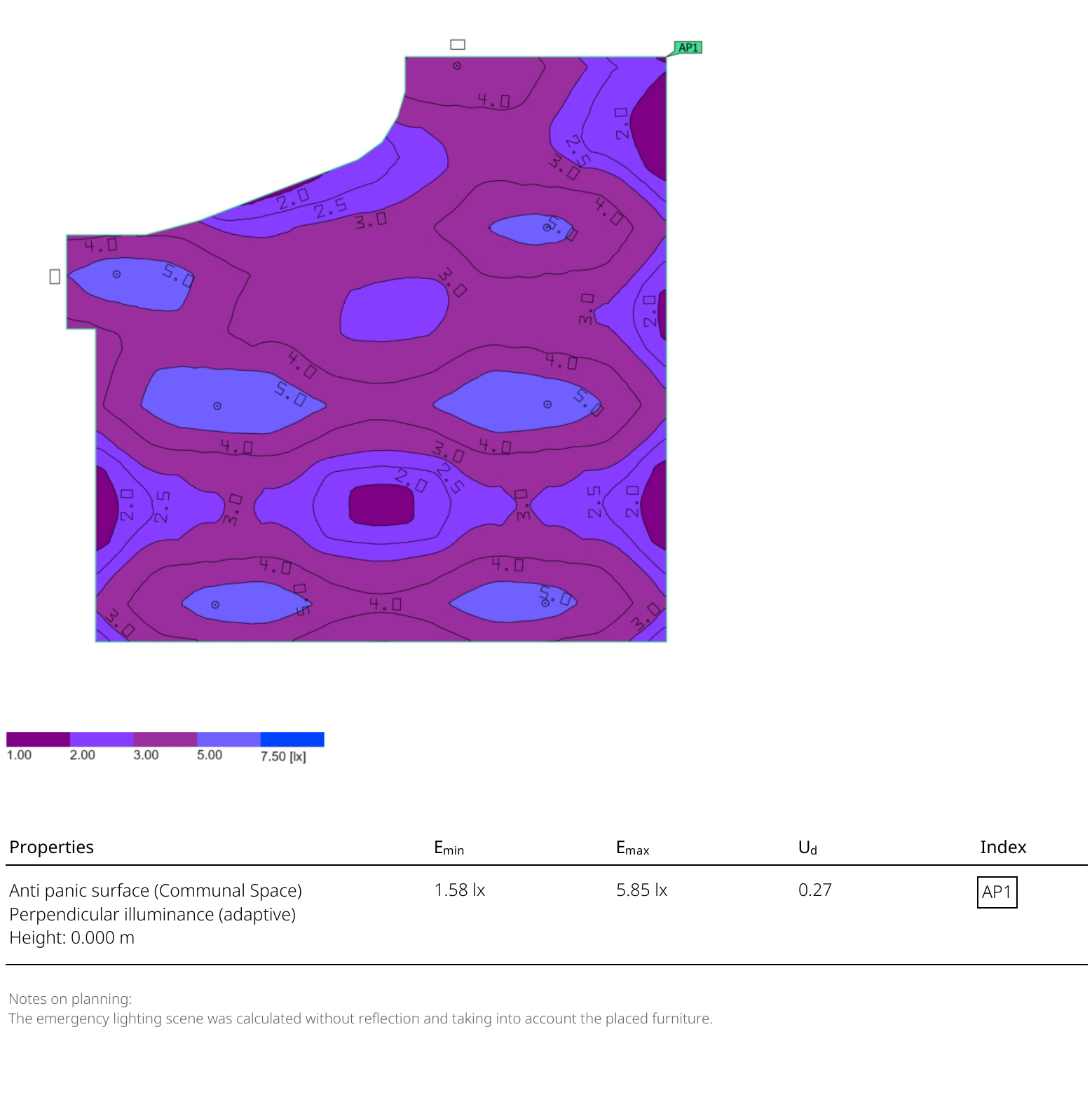 Modelled communal-space emergency illumination map with floor-level lux results and the calculation note