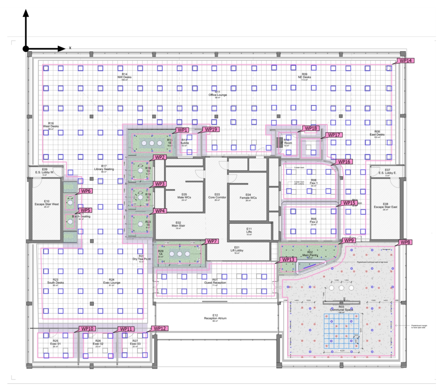 Whole-floor lighting coordination model showing room arrangements and working-plane calculation areas